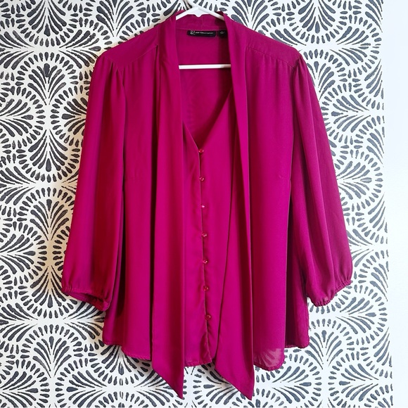 New York & Company Plum Semi Sheer Tie Neck Bow Blouse READ - Picture 2 of 14